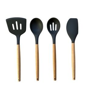Sur La Table 4-Piece Silicone Utensil Set Black Spatula Turner Spoon New
